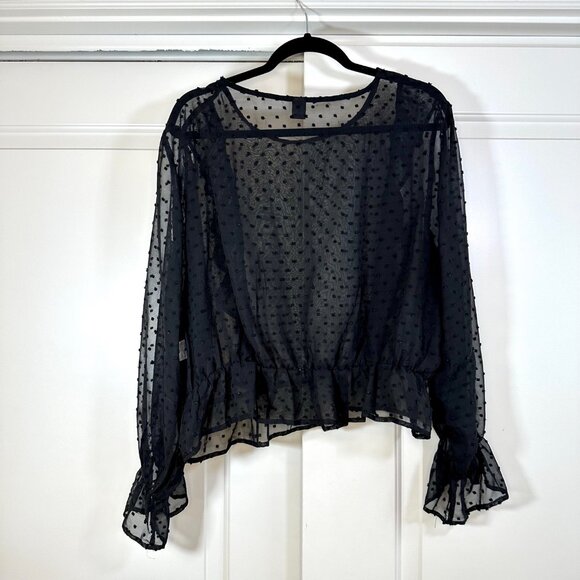 Black Sheer Swiss Dot Ruffle Trim Flounce Sleeve Top - Picture 12 of 13